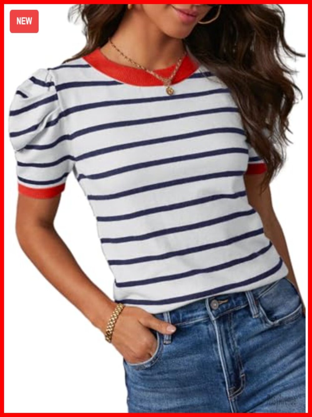 Short Puff Sleeve Striped Knit Top Crewneck Lightweight Summer Sweater